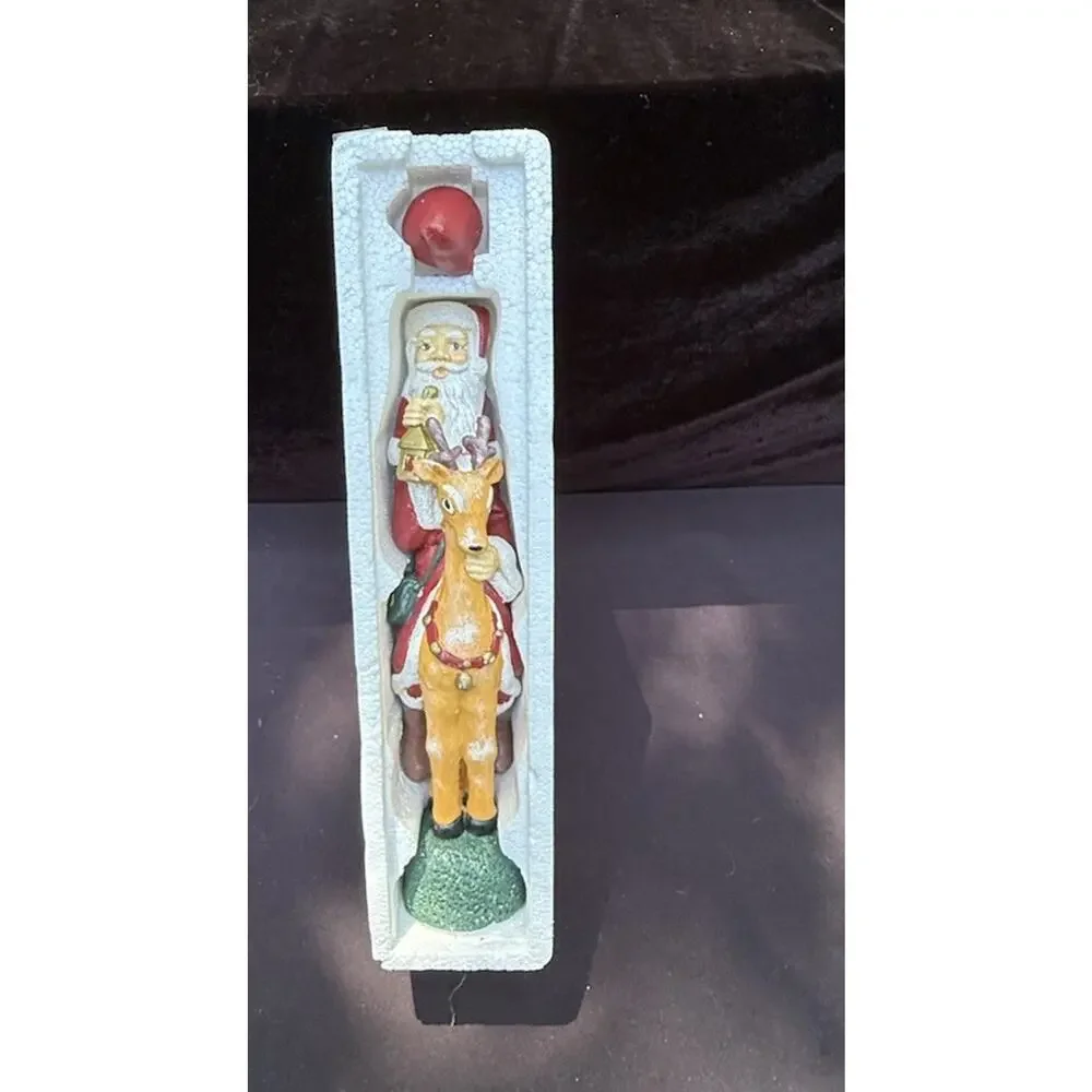 Vintage Old World Pencil Santa Candlestick Riding Reindeer Candleholder -C36